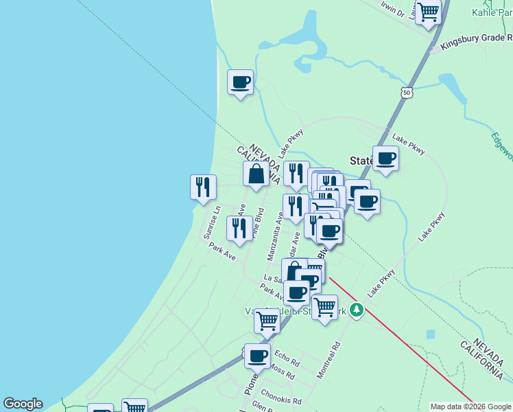 map of restaurants, bars, coffee shops, grocery stores, and more near 4107 Pine Boulevard in South Lake Tahoe