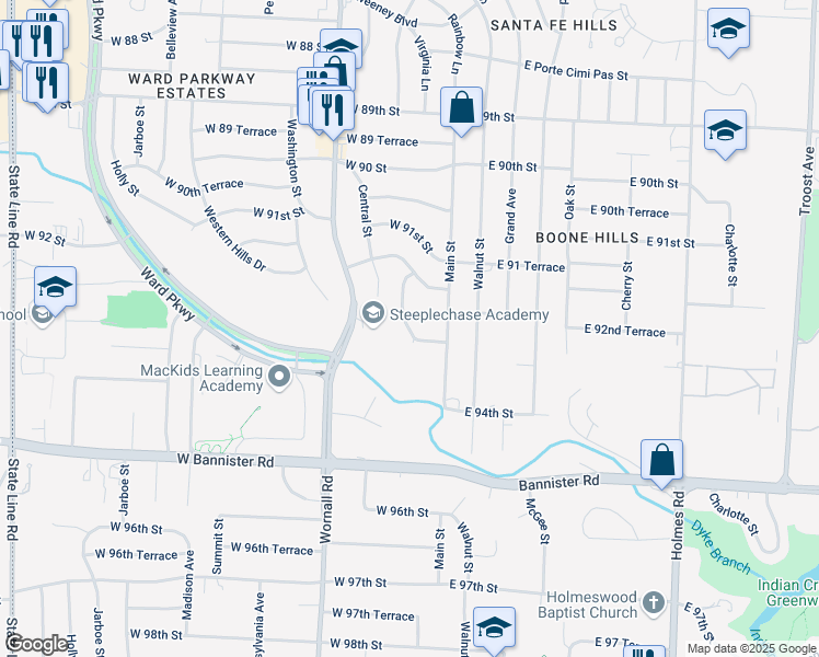 map of restaurants, bars, coffee shops, grocery stores, and more near 25 West 92nd Terrace in Kansas City