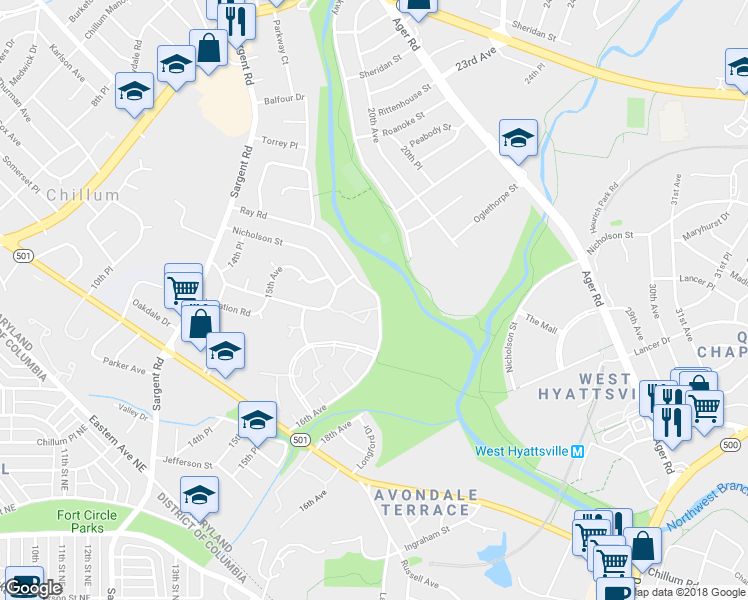 map of restaurants, bars, coffee shops, grocery stores, and more near 1507 Ray Road in Hyattsville