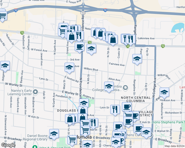map of restaurants, bars, coffee shops, grocery stores, and more near 702 North 4th Street in Columbia
