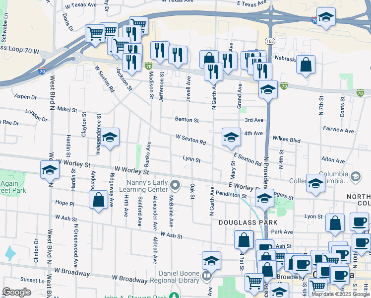 map of restaurants, bars, coffee shops, grocery stores, and more near 210 Lynn St in Columbia