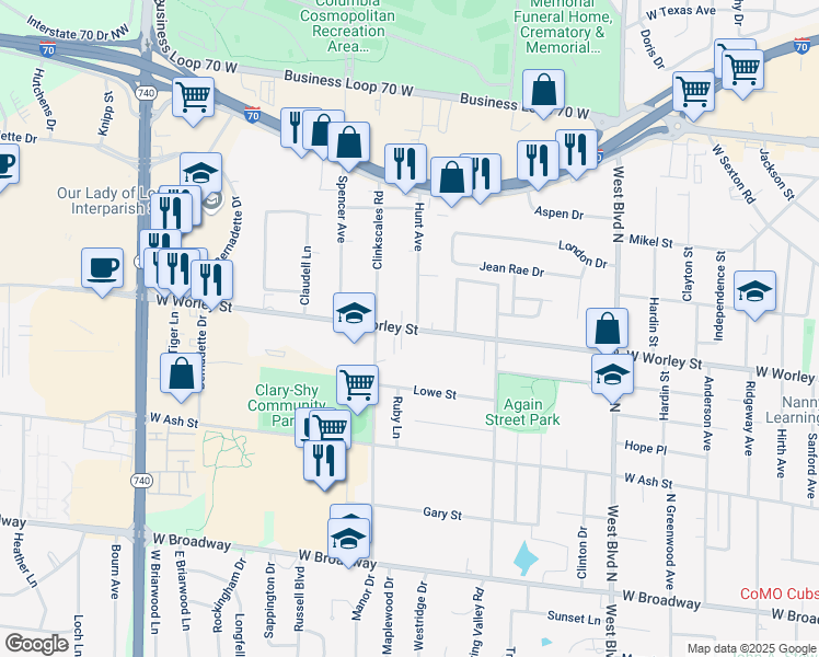 map of restaurants, bars, coffee shops, grocery stores, and more near 1502-1504 Westwinds Court in Columbia