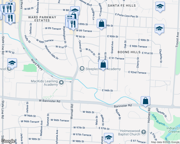 map of restaurants, bars, coffee shops, grocery stores, and more near 25 West 92nd Terrace in Kansas City