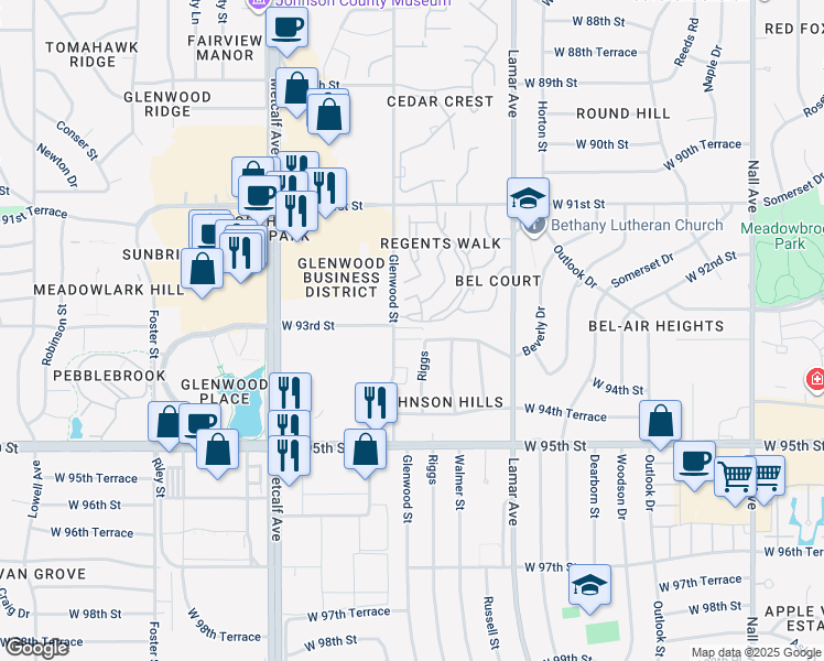 map of restaurants, bars, coffee shops, grocery stores, and more near 9350 Riggs in Overland Park