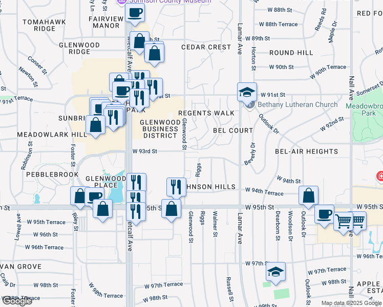 map of restaurants, bars, coffee shops, grocery stores, and more near 9350 Riggs in Overland Park