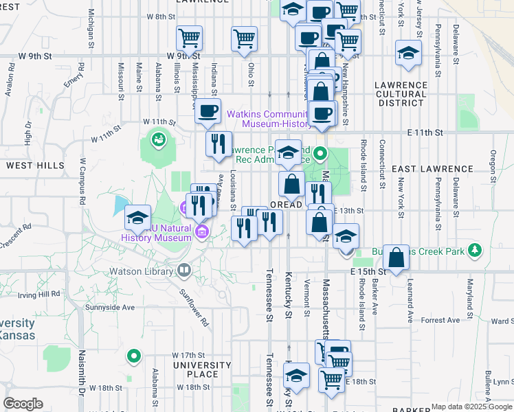 map of restaurants, bars, coffee shops, grocery stores, and more near 1311 Tennessee Street in Lawrence