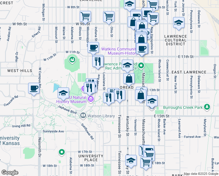 map of restaurants, bars, coffee shops, grocery stores, and more near 1301 Ohio Street in Lawrence