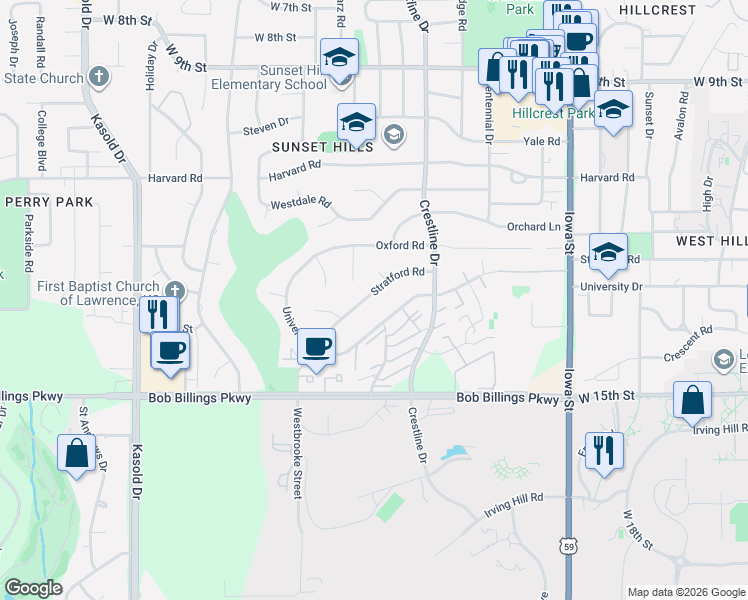 map of restaurants, bars, coffee shops, grocery stores, and more near 2818 University Drive in Lawrence