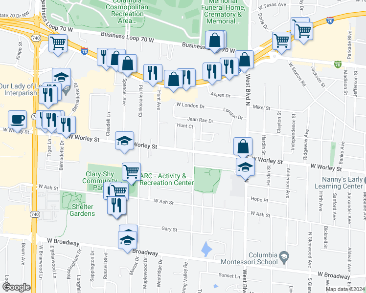 map of restaurants, bars, coffee shops, grocery stores, and more near 1307 West Worley Street in Columbia