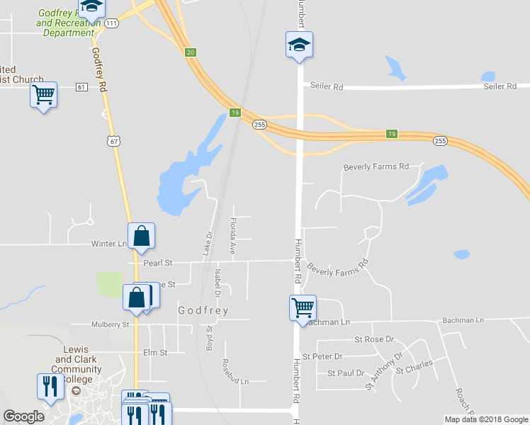 map of restaurants, bars, coffee shops, grocery stores, and more near 300 Orleans Street in Godfrey