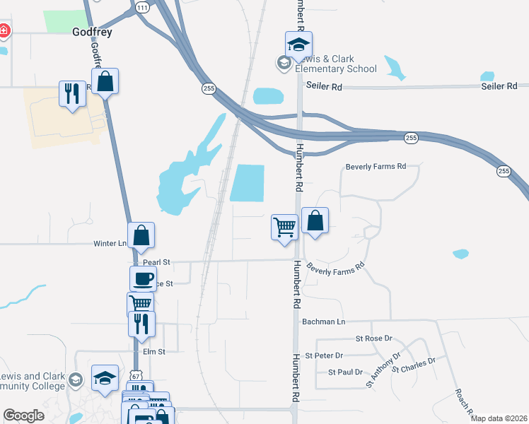 map of restaurants, bars, coffee shops, grocery stores, and more near 300 Orleans Street in Godfrey