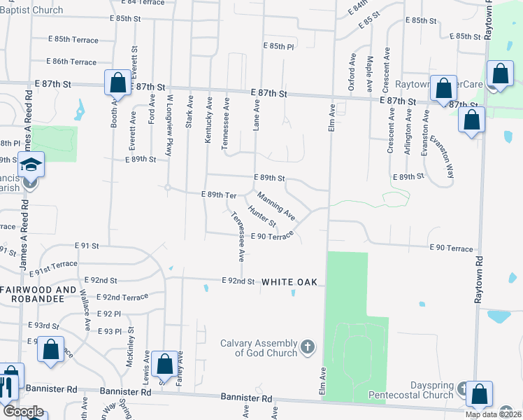 map of restaurants, bars, coffee shops, grocery stores, and more near 9010 Hunter Street in Kansas City