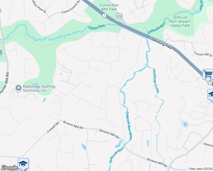 map of restaurants, bars, coffee shops, grocery stores, and more near 1404 Wynhurst Lane in Vienna