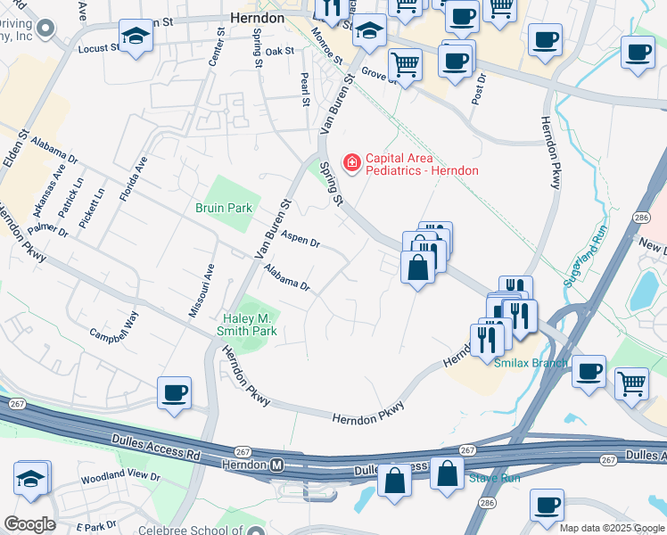 map of restaurants, bars, coffee shops, grocery stores, and more near 409 Old Dominion Avenue in Herndon
