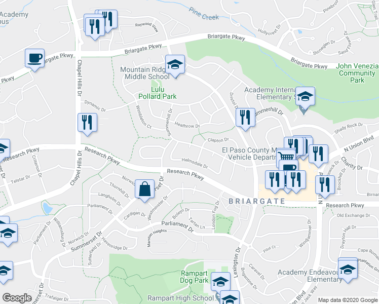 map of restaurants, bars, coffee shops, grocery stores, and more near 8805 Bloombury Court in Colorado Springs