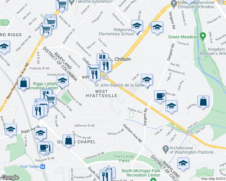 map of restaurants, bars, coffee shops, grocery stores, and more near 1005 Chillum Road in Hyattsville