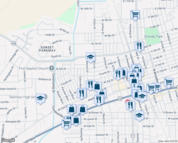 map of restaurants, bars, coffee shops, grocery stores, and more near 343 Emerson Drive in Seymour