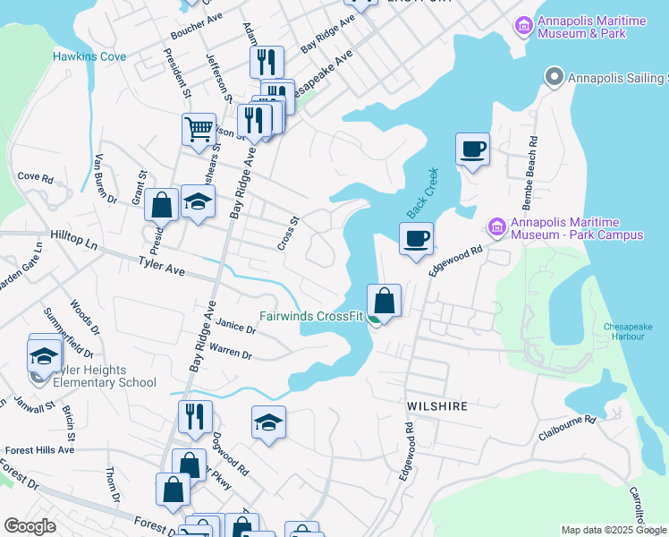 map of restaurants, bars, coffee shops, grocery stores, and more near 780 Fairview Avenue in Annapolis