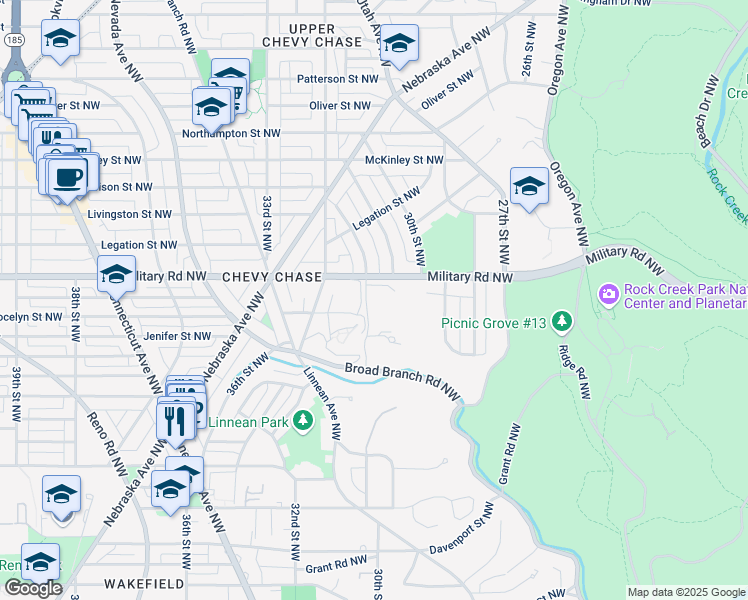 map of restaurants, bars, coffee shops, grocery stores, and more near 3050 Military Road Northwest in Washington