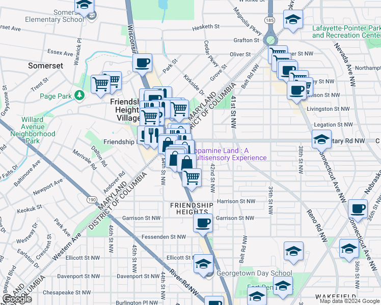 map of restaurants, bars, coffee shops, grocery stores, and more near 5334 43rd Street Northwest in Washington