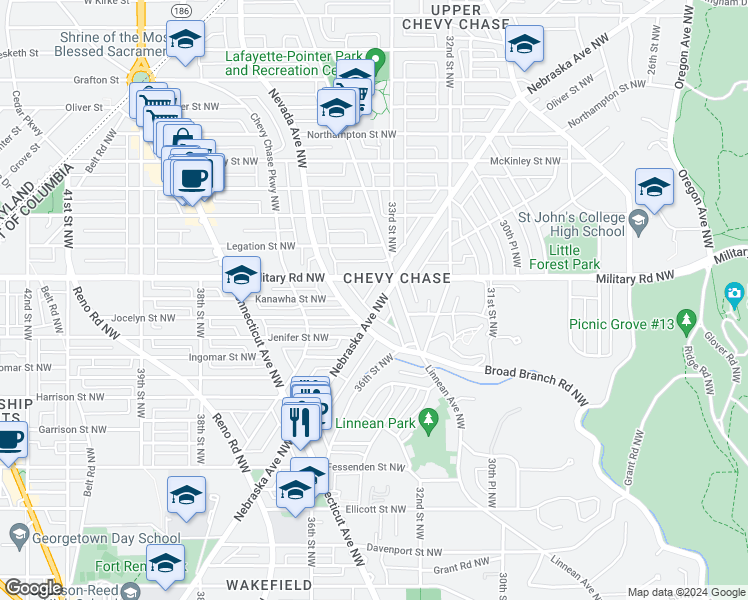 map of restaurants, bars, coffee shops, grocery stores, and more near 5330 Nebraska Avenue Northwest in Washington