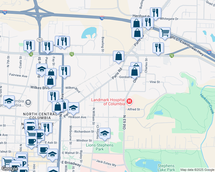 map of restaurants, bars, coffee shops, grocery stores, and more near 1625 Paris Road in Columbia