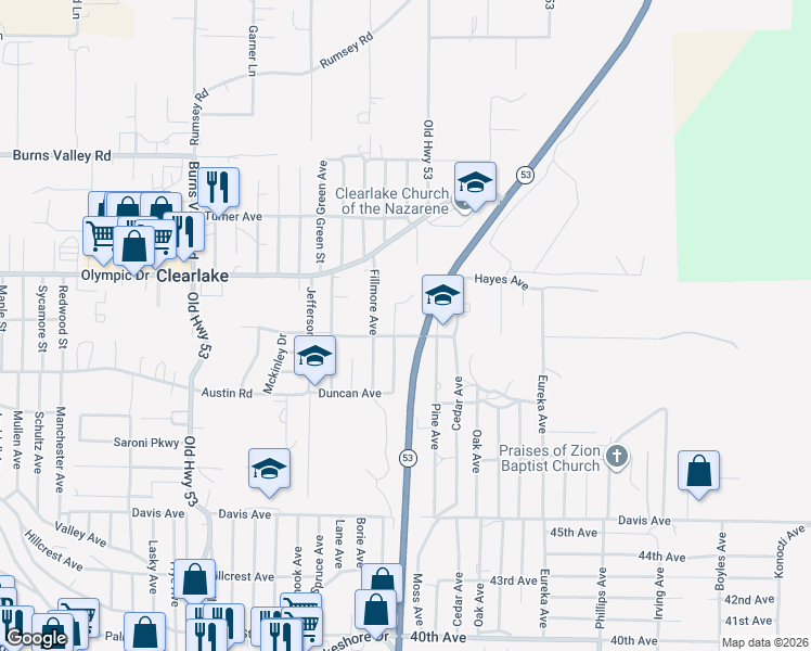 map of restaurants, bars, coffee shops, grocery stores, and more near 3588 Lincoln Avenue in Clearlake