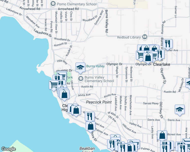 map of restaurants, bars, coffee shops, grocery stores, and more near 14420 Walnut Avenue in Clearlake