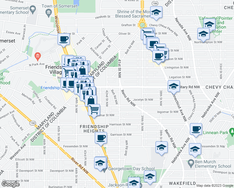 map of restaurants, bars, coffee shops, grocery stores, and more near 5338 41st Street Northwest in Washington