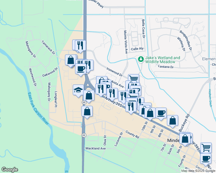map of restaurants, bars, coffee shops, grocery stores, and more near in Minden