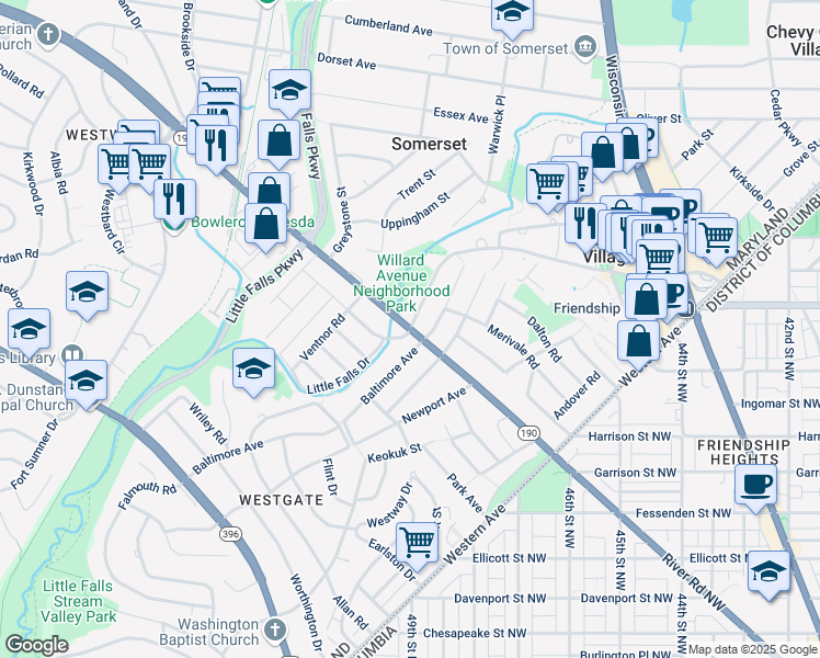 map of restaurants, bars, coffee shops, grocery stores, and more near River Rd & Willard Ave in Bethesda