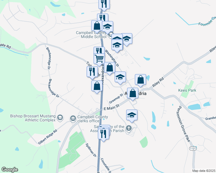 map of restaurants, bars, coffee shops, grocery stores, and more near 15 Pete Neiser Drive in Alexandria