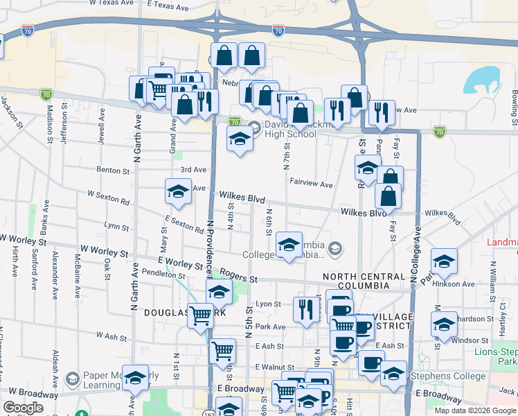 map of restaurants, bars, coffee shops, grocery stores, and more near 501 Wilkes Boulevard in Columbia