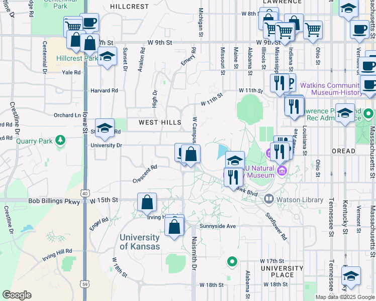 map of restaurants, bars, coffee shops, grocery stores, and more near 1245 West Campus Road in Lawrence