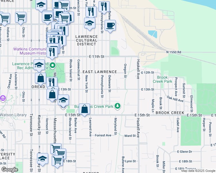 map of restaurants, bars, coffee shops, grocery stores, and more near 1218 Delaware Street in Lawrence