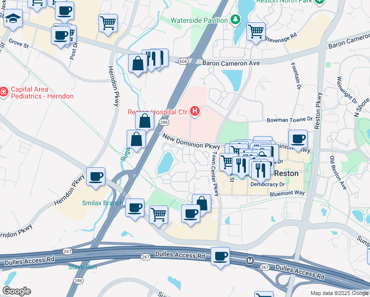 map of restaurants, bars, coffee shops, grocery stores, and more near 12170 Abington Hall Place in Reston