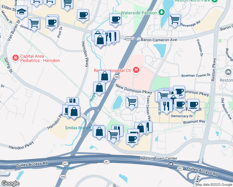 map of restaurants, bars, coffee shops, grocery stores, and more near 12195 Abington Hall Place in Reston