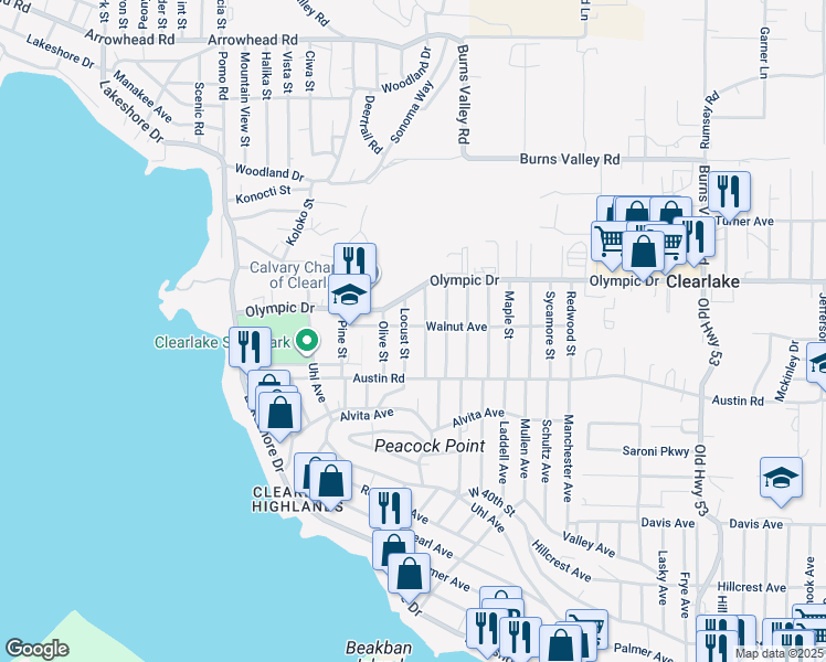 map of restaurants, bars, coffee shops, grocery stores, and more near 14420 Walnut Avenue in Clearlake