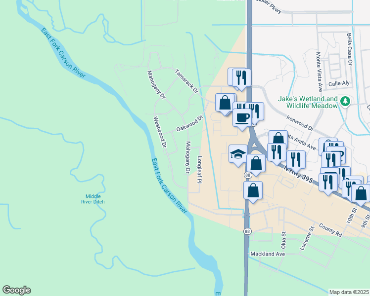 map of restaurants, bars, coffee shops, grocery stores, and more near 857 Mahogany Drive in Minden