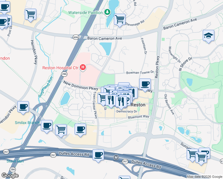 map of restaurants, bars, coffee shops, grocery stores, and more near 12025 New Dominion Parkway in Reston