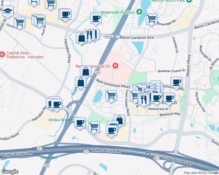 map of restaurants, bars, coffee shops, grocery stores, and more near 12170 Abington Hall Place in Reston