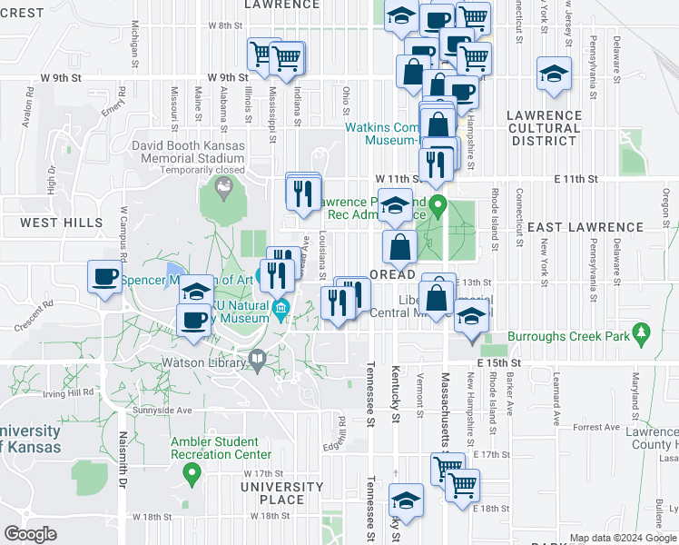 map of restaurants, bars, coffee shops, grocery stores, and more near 1223 Ohio Street in Lawrence