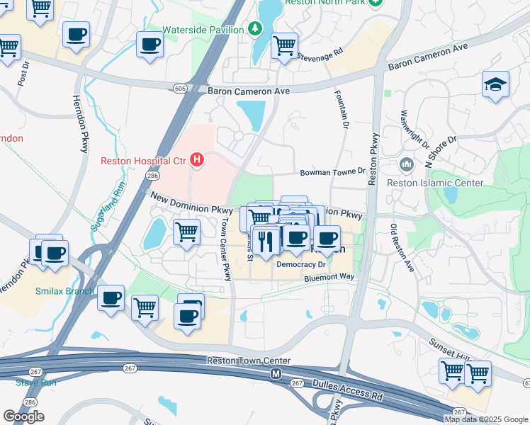 map of restaurants, bars, coffee shops, grocery stores, and more near 12025 New Dominion Parkway in Reston