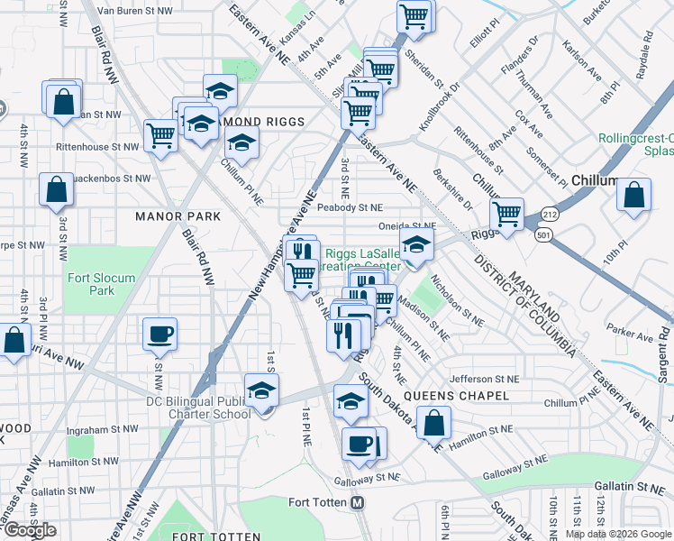 map of restaurants, bars, coffee shops, grocery stores, and more near 101 Independence Avenue Southeast in Washington
