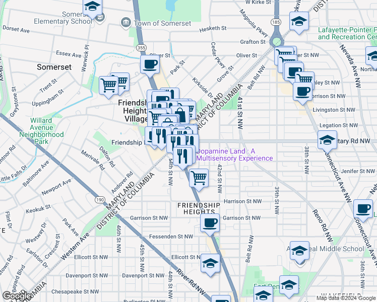 map of restaurants, bars, coffee shops, grocery stores, and more near 5335 Wisconsin Avenue Northwest in Washington