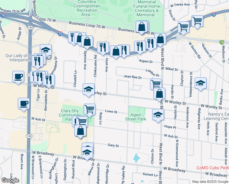 map of restaurants, bars, coffee shops, grocery stores, and more near 601 Pennant Street in Columbia