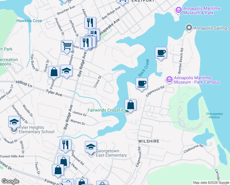 map of restaurants, bars, coffee shops, grocery stores, and more near 774 Fairview Avenue in Annapolis