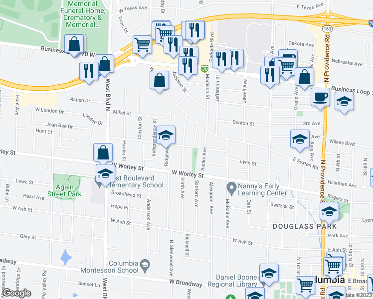 map of restaurants, bars, coffee shops, grocery stores, and more near 608 Hirth Avenue in Columbia