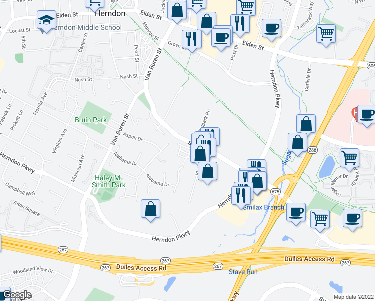 map of restaurants, bars, coffee shops, grocery stores, and more near 100 Quietwalk Lane in Herndon