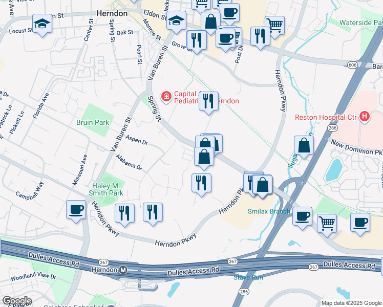 map of restaurants, bars, coffee shops, grocery stores, and more near 100 Quietwalk Lane in Herndon